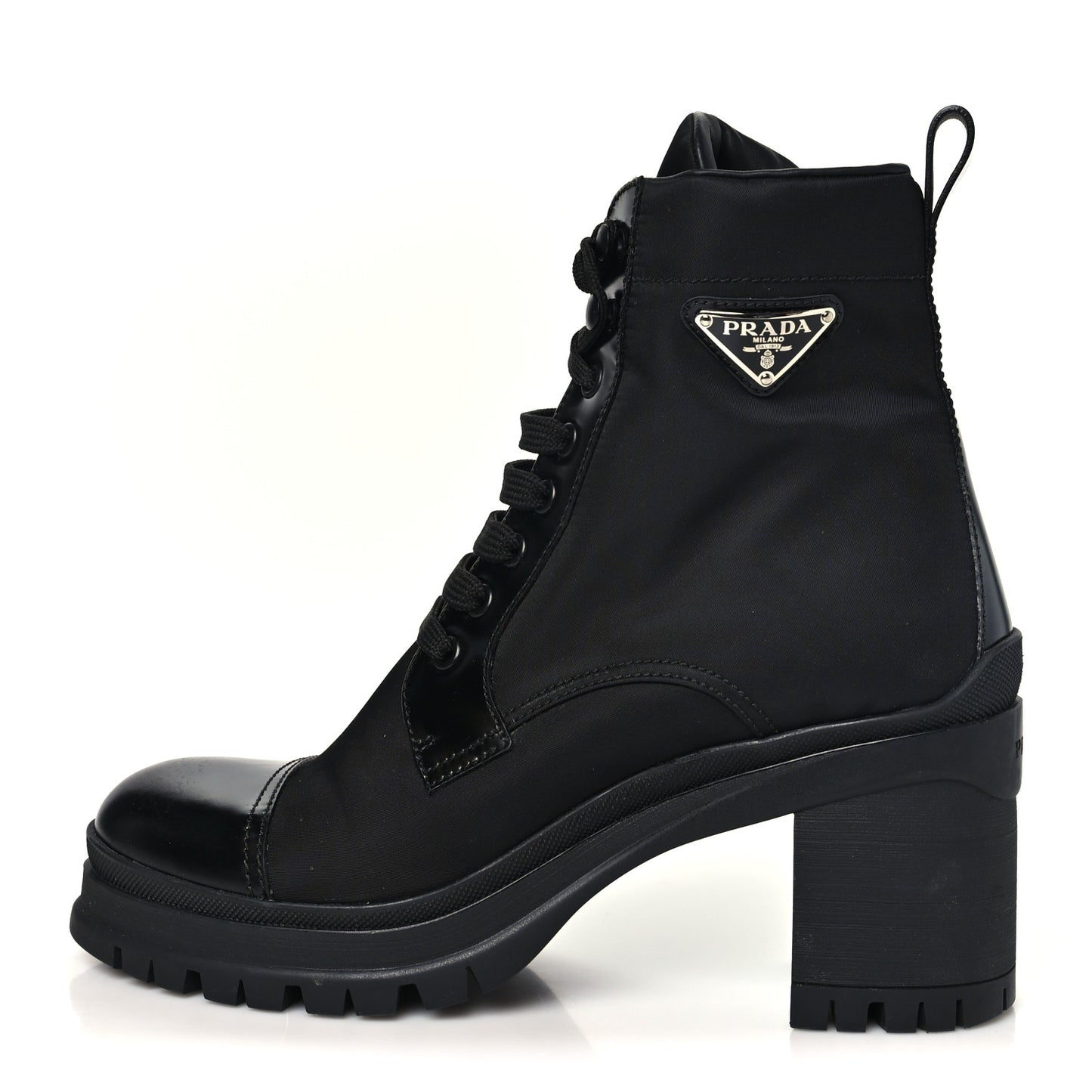 Spazzolato Re-Nylon Metal Triangle Logo Lace Up 55mm Ankle Boots 40.5 Black