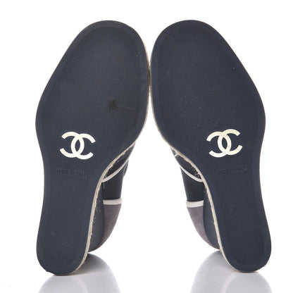 Chanel Silk Crepe Suede Calfskin Lace Up Wedge Espadrilles 36.5 Navy Grey 7 of 10