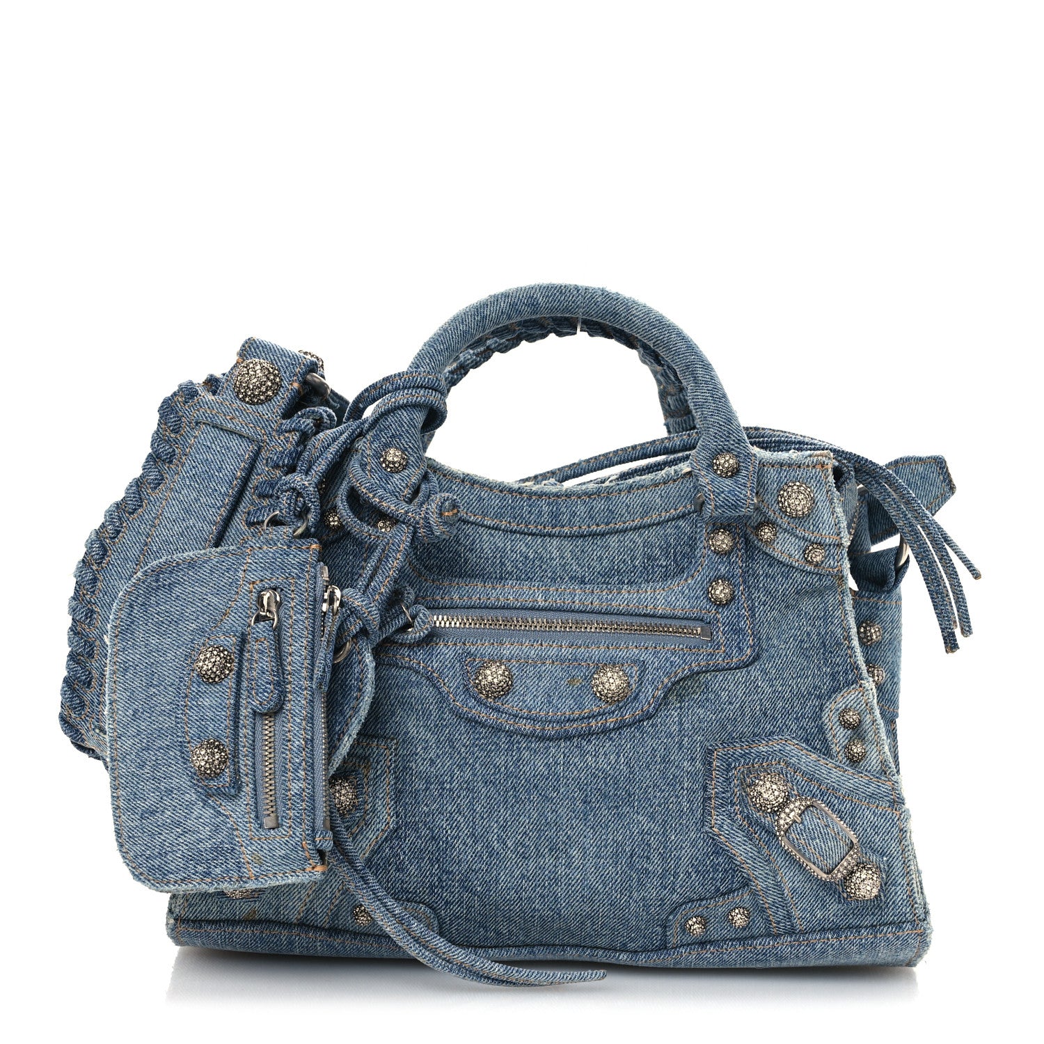 Balenciaga Washed Frayed Denim Crystal Neo Cagole Handbag XS Blue 1 of 15