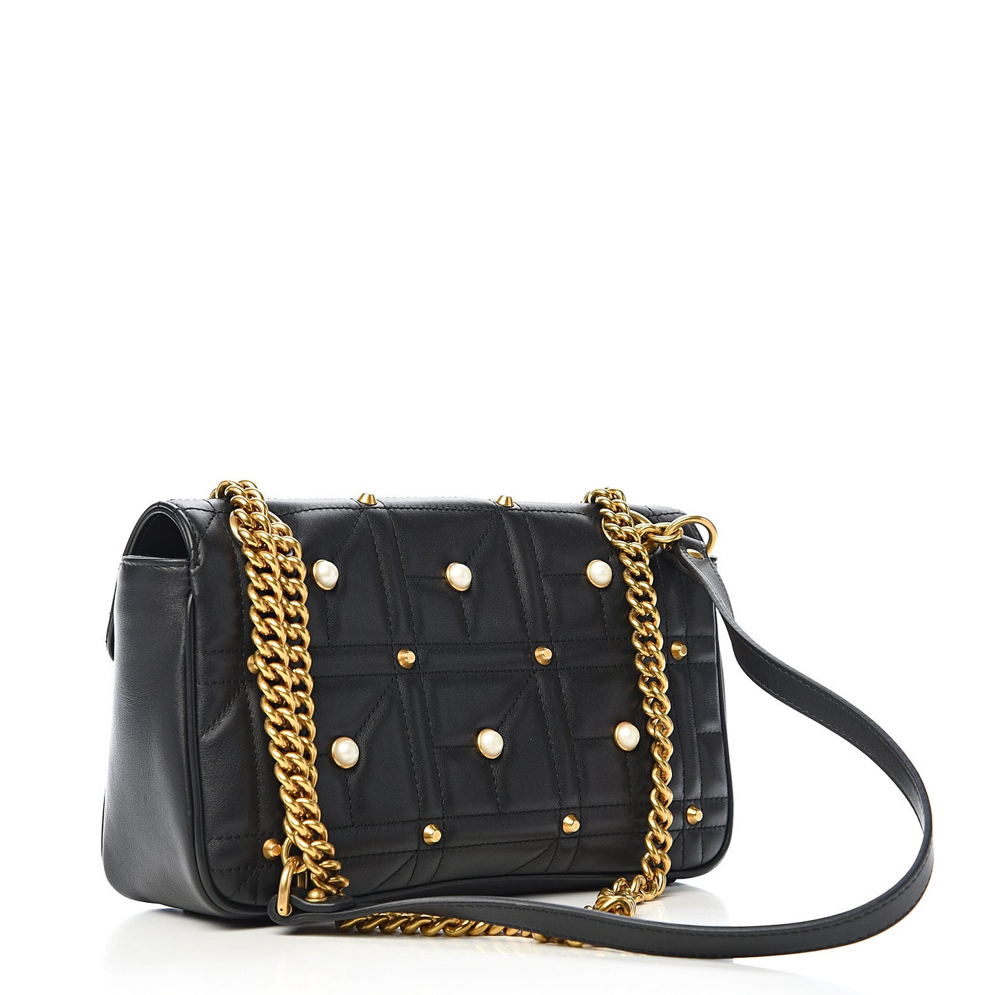 Calfskin Matelasse Studded Small Pearly GG Marmont Shoulder Bag Black
