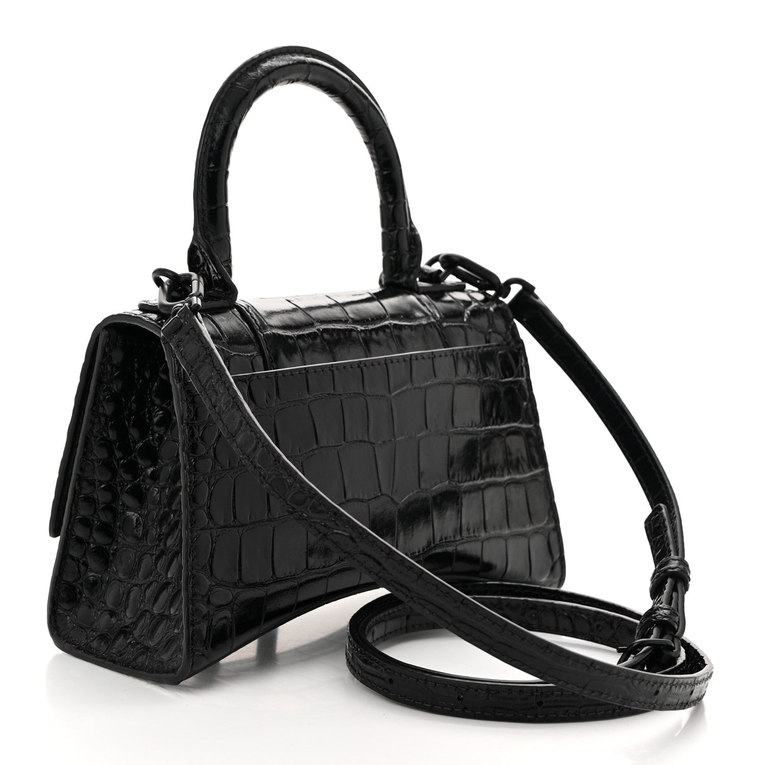 Balenciaga Shiny Calfskin Monochrome Crocodile Embossed Hourglass Top Handle Bag XS Black 3 of 10