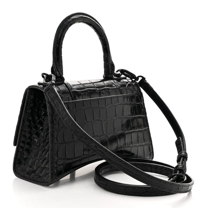 Balenciaga Shiny Calfskin Monochrome Crocodile Embossed Hourglass Top Handle Bag XS Black 3 of 10
