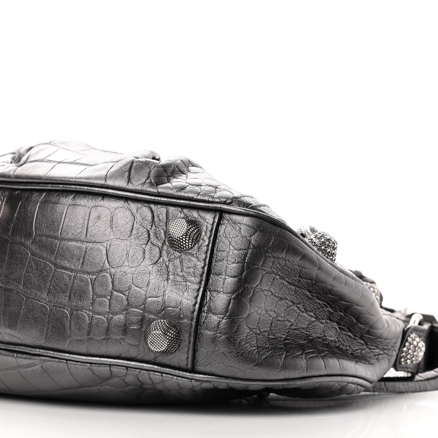 Metallic Calfskin Crocodile Embossed Crystal Small Le Cagole Shoulder Bag Gunmetal