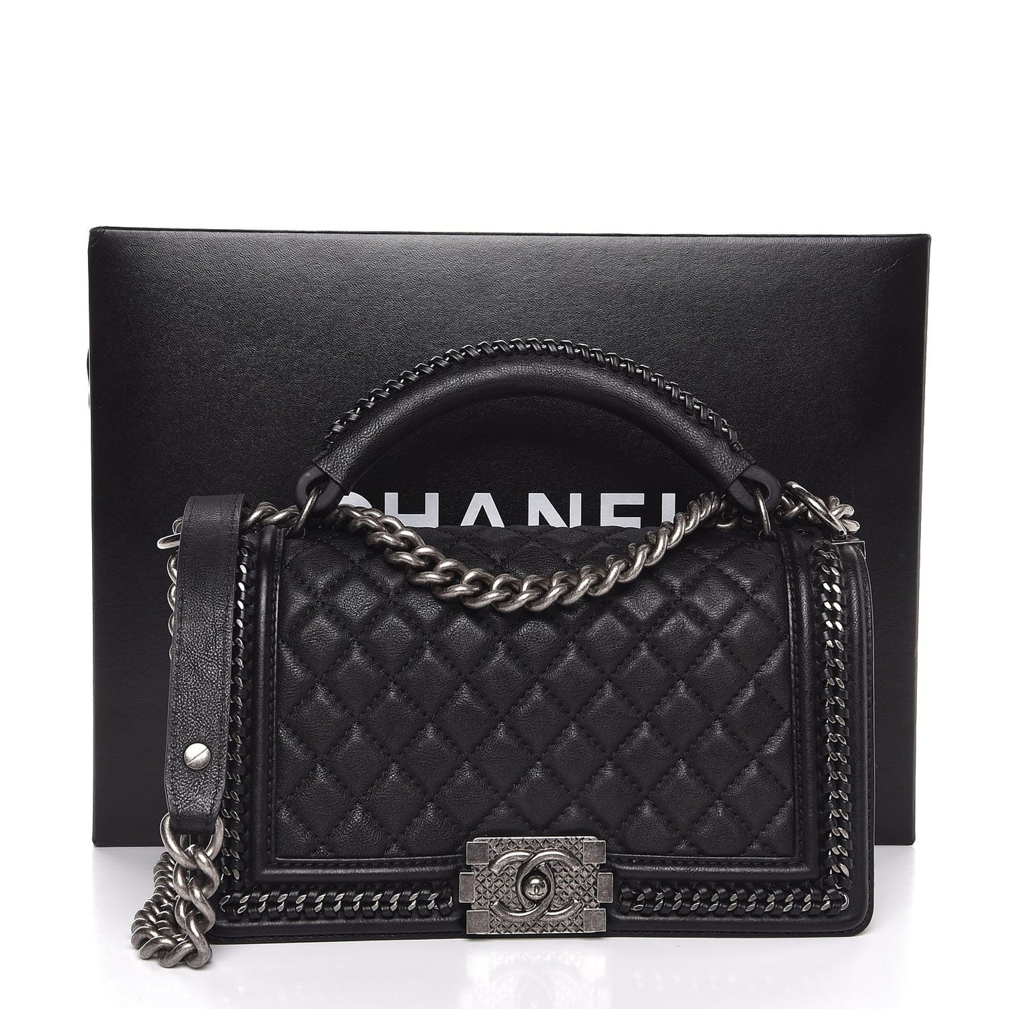 Calfskin Quilted Medium Boy Top Handle Flap Black