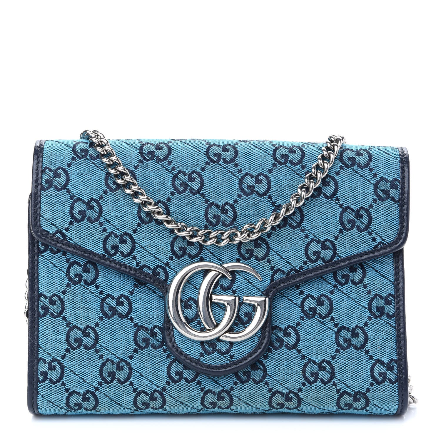 Gucci Monogram Multicolor Matelasse Diagonal GG Marmont Chain Wallet Light Blue 1 of 10