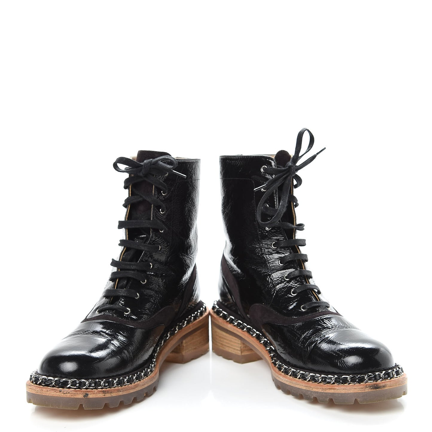 Patent Lace Up Chain Boots 38.5 Dark Brown