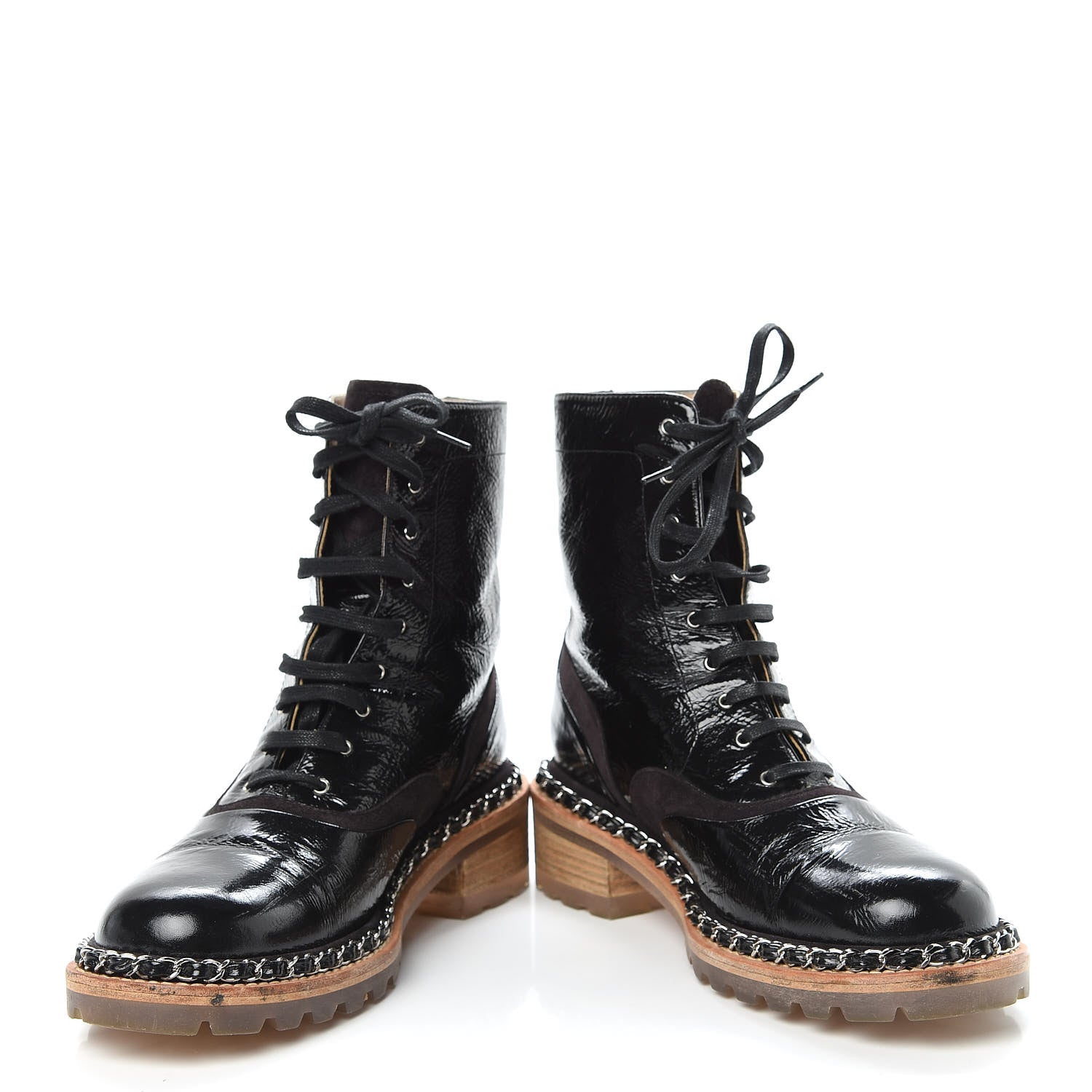 Chanel Patent Lace Up Chain Boots 38.5 Dark Brown 5 of 14