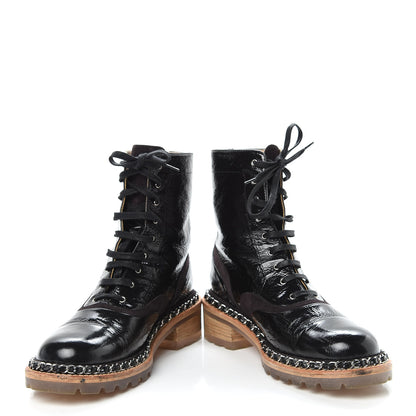 Chanel Patent Lace Up Chain Boots 38.5 Dark Brown 5 of 14