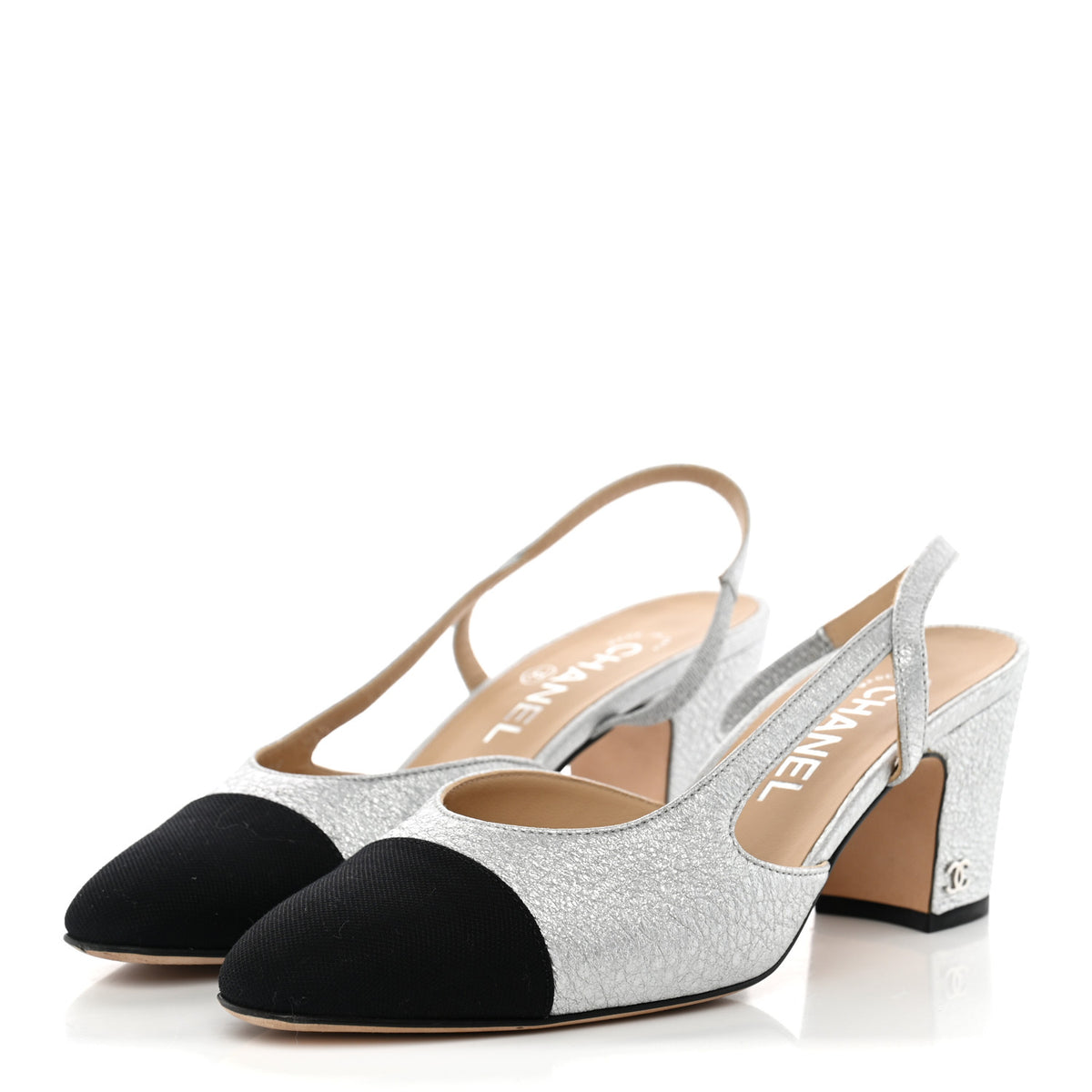 Metallic Lambskin Grosgrain Cap Toe CC Slingback Sandals 37.5 Black Silver