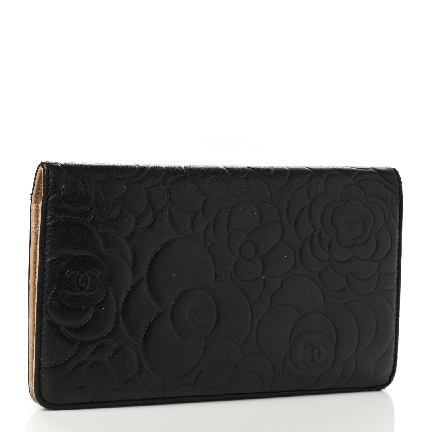 Chanel Lambskin Camellia Embossed Yen Wallet Black Beige 3 of 12