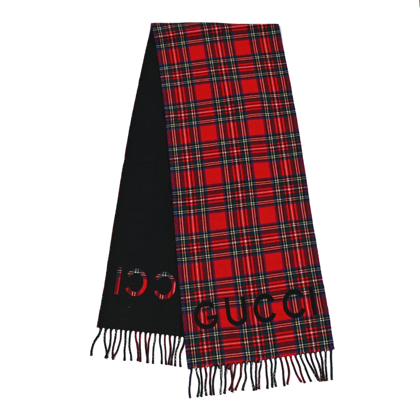Cashmere Wool Logo Reversible Tartan Fringe Scarf Red Black