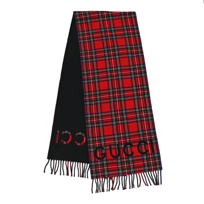 Gucci Cashmere Wool Logo Reversible Tartan Fringe Scarf Red Black 2 of 5