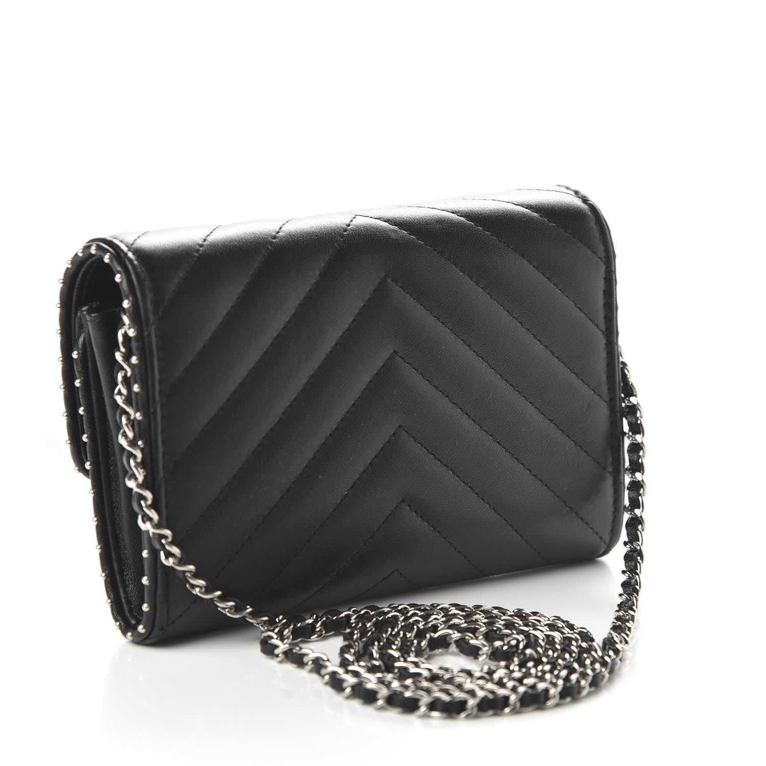Chanel Lambskin Chevron Quilted Studded Clutch With Chain WOC Black 3 of 11