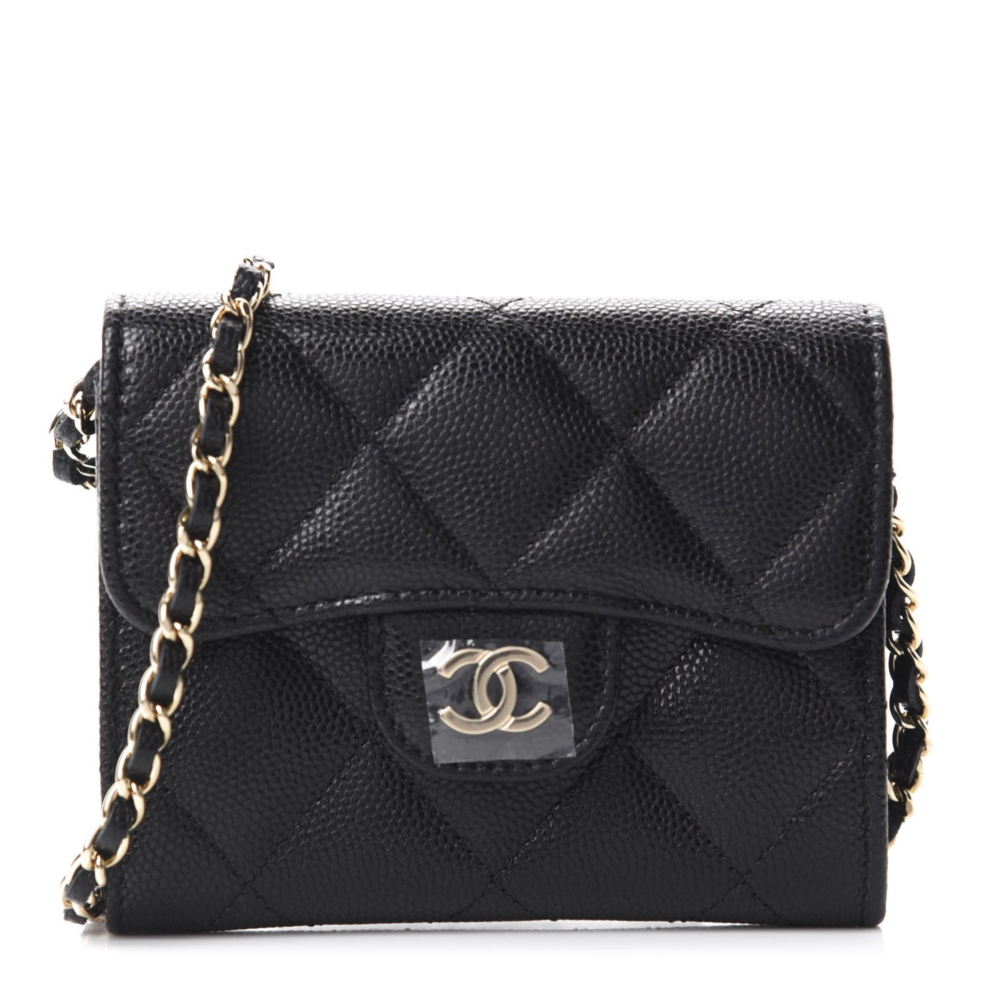 Caviar Quilted Flap Card Holder On Chain Black