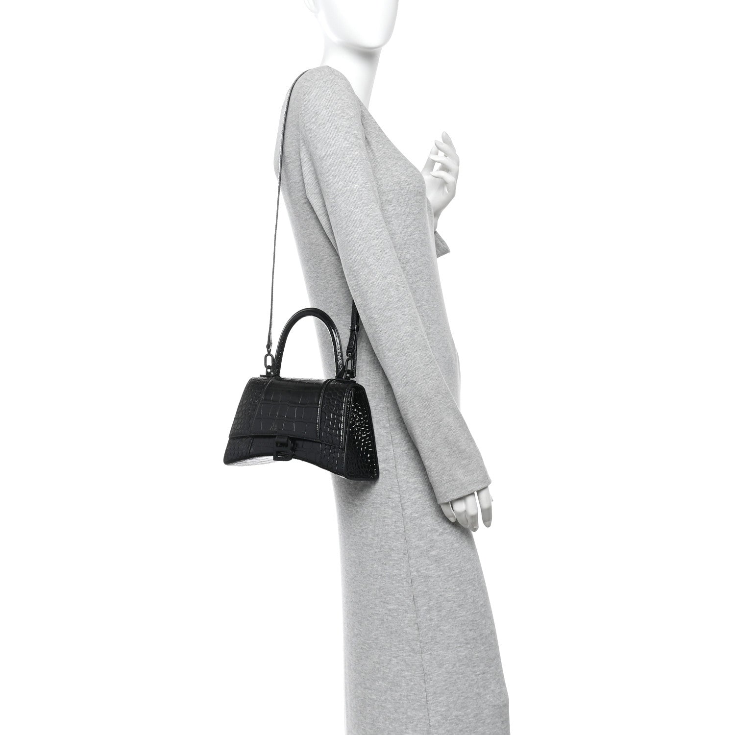 Balenciaga Shiny Calfskin Monochrome Crocodile Embossed Small Hourglass Top Handle Bag Black 2 of 12