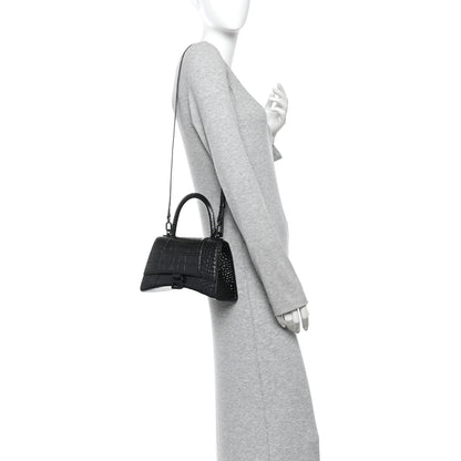 Balenciaga Shiny Calfskin Monochrome Crocodile Embossed Small Hourglass Top Handle Bag Black 2 of 12