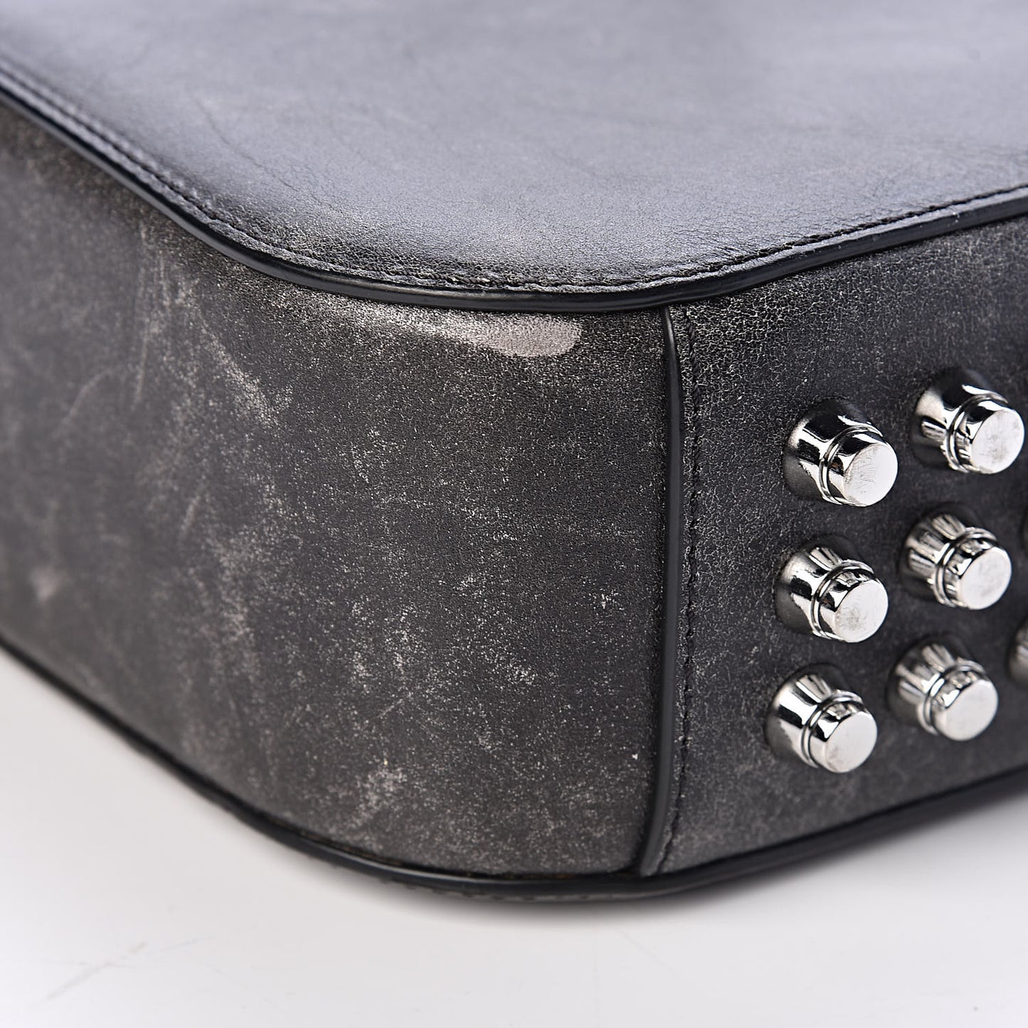 Distressed Calfskin Flat Drawstring Bucket Black