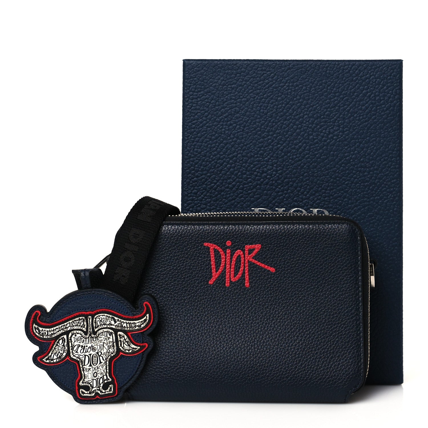 Christian Dior X SHAWN STUSSY Grained Calfskin Ox Head Crossbody Double Zip Crossbody Pouch Navy Blue 12 of 12