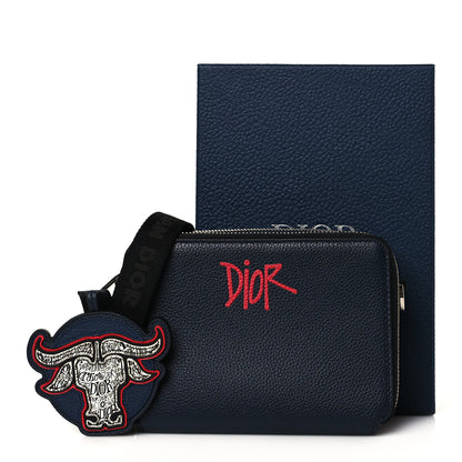 Christian Dior X SHAWN STUSSY Grained Calfskin Ox Head Crossbody Double Zip Crossbody Pouch Navy Blue 12 of 12