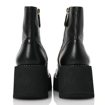 Chanel Lambskin Quilted Lace Up Wedge Combat Boots 37.5 Black 5 of 11