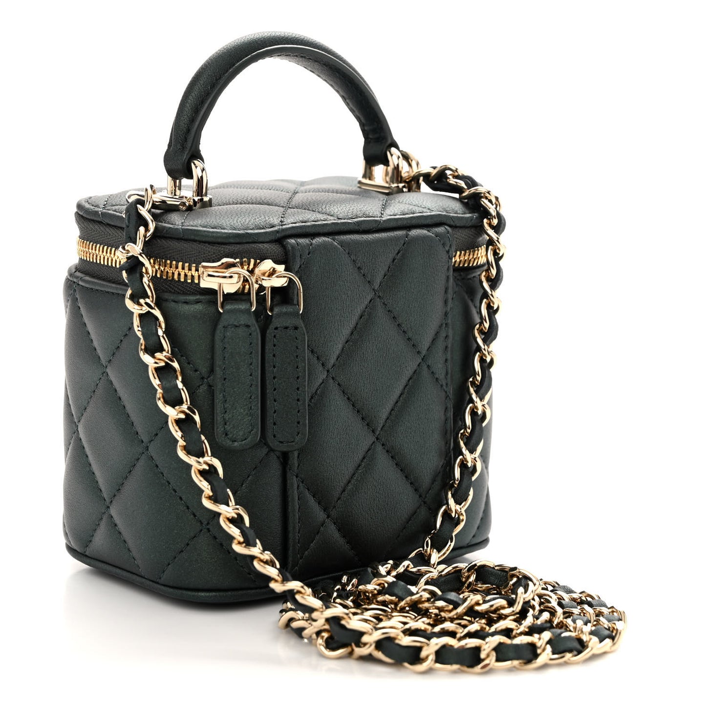 Iridescent Lambskin Quilted Mini Top Handle Vanity Case With Chain Dark Green