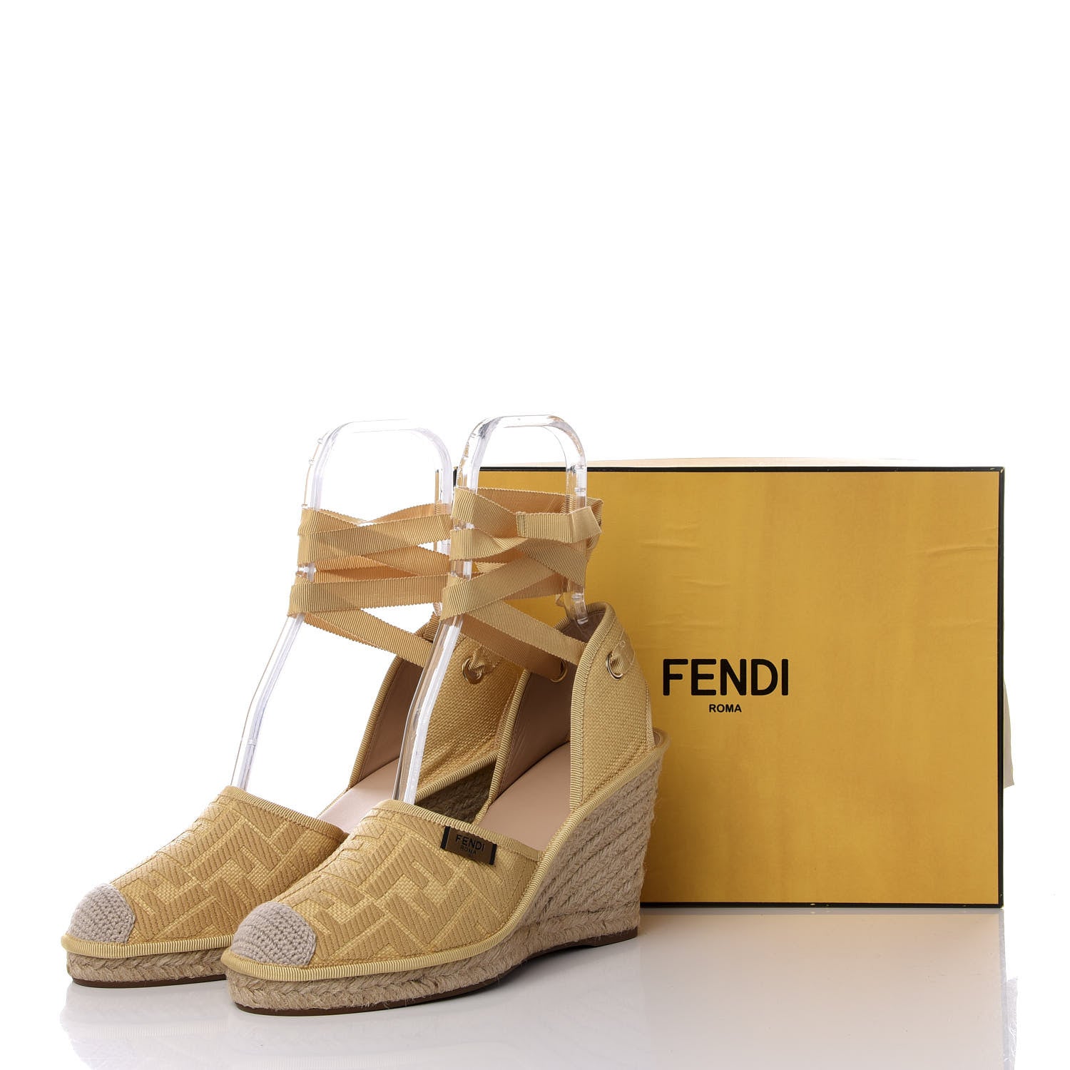 Fendi Rafia FF Embroidered Roma Ankle Wrap Espadrille Wedges 41 Natural 10 of 10