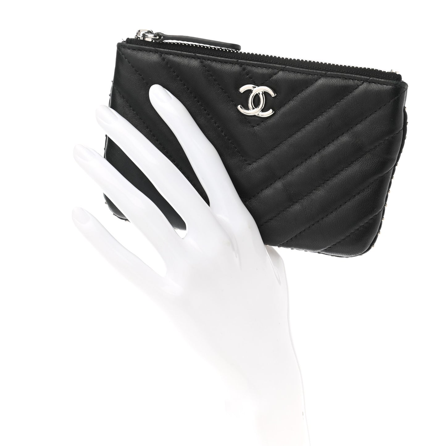 Lambskin Chevron Quilted Studded Small Cosmetic Case Black
