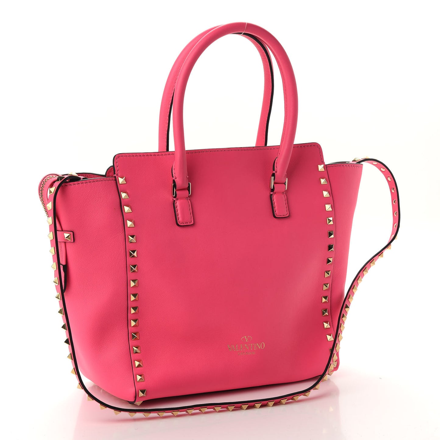 Vitello Rockstud Double Handle Tote Fuxia Fluo