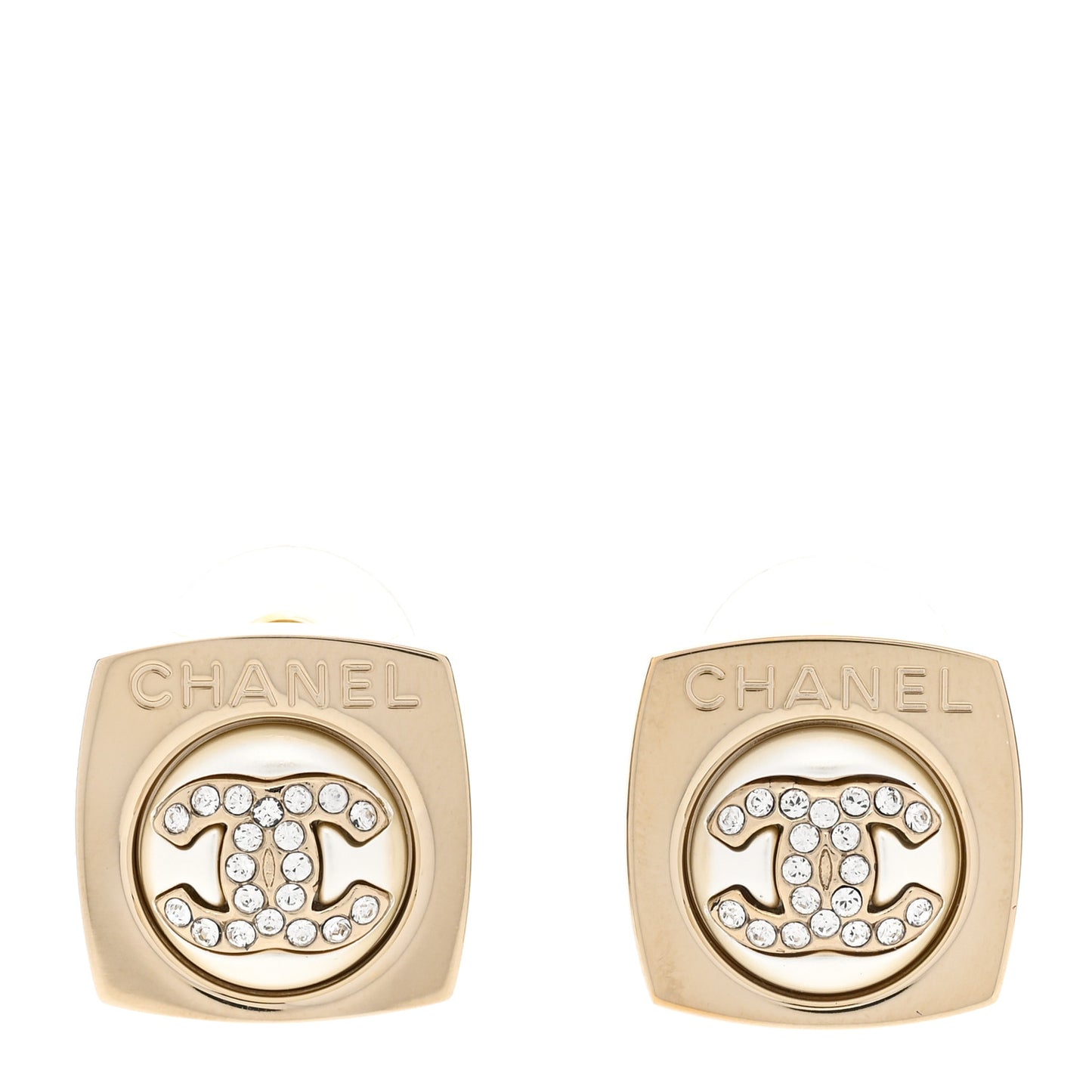 Metal Pearl Crystal CC Logo Square Earrings Gold Pearly White