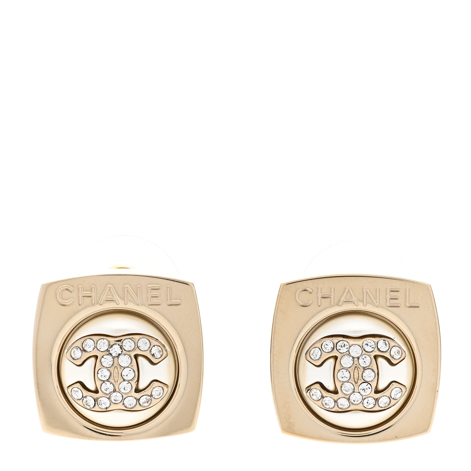 Chanel Metal Pearl Crystal CC Logo Square Earrings Gold Pearly White 1 of 5