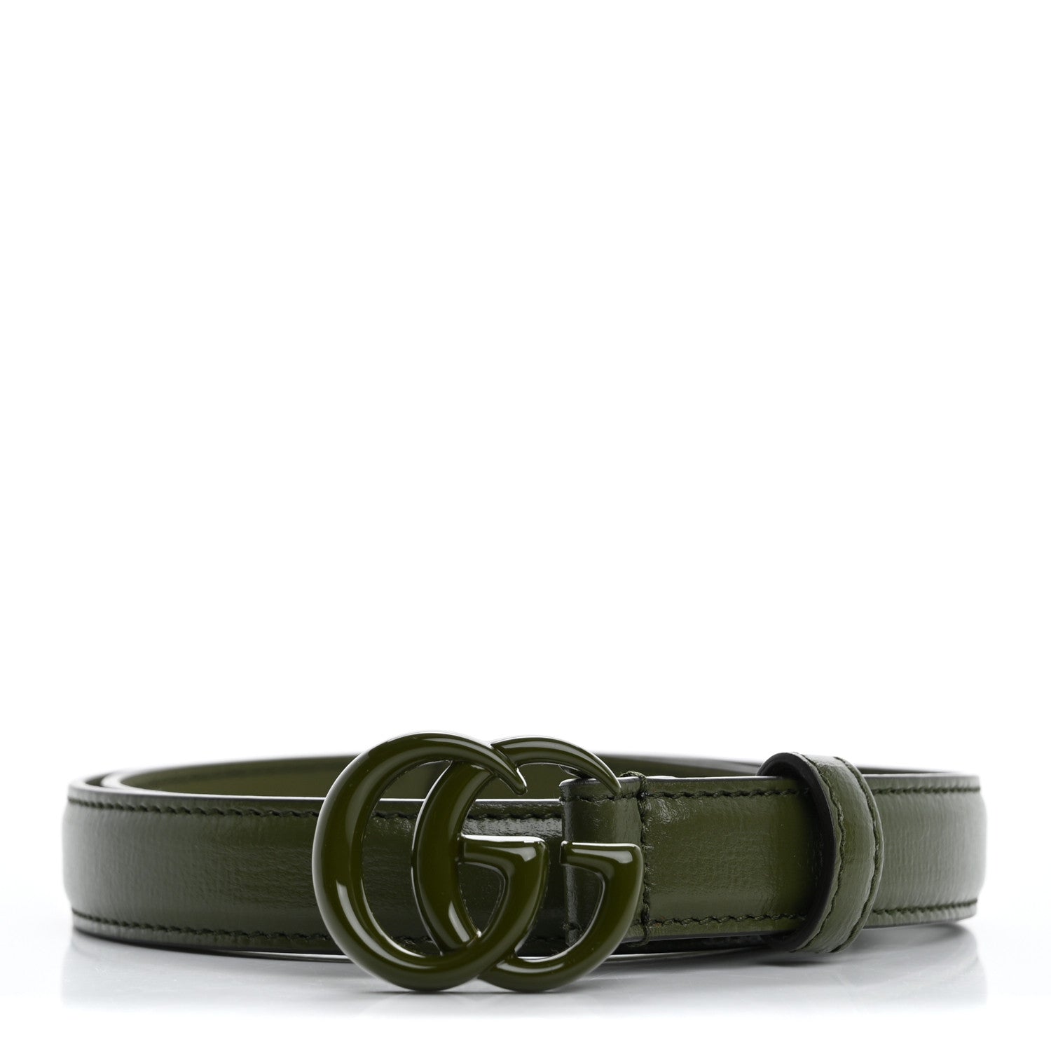 Gucci Azalea Calfskin Enamel Monochrome Double G 20mm Belt 75 30 Military Green 1 of 6