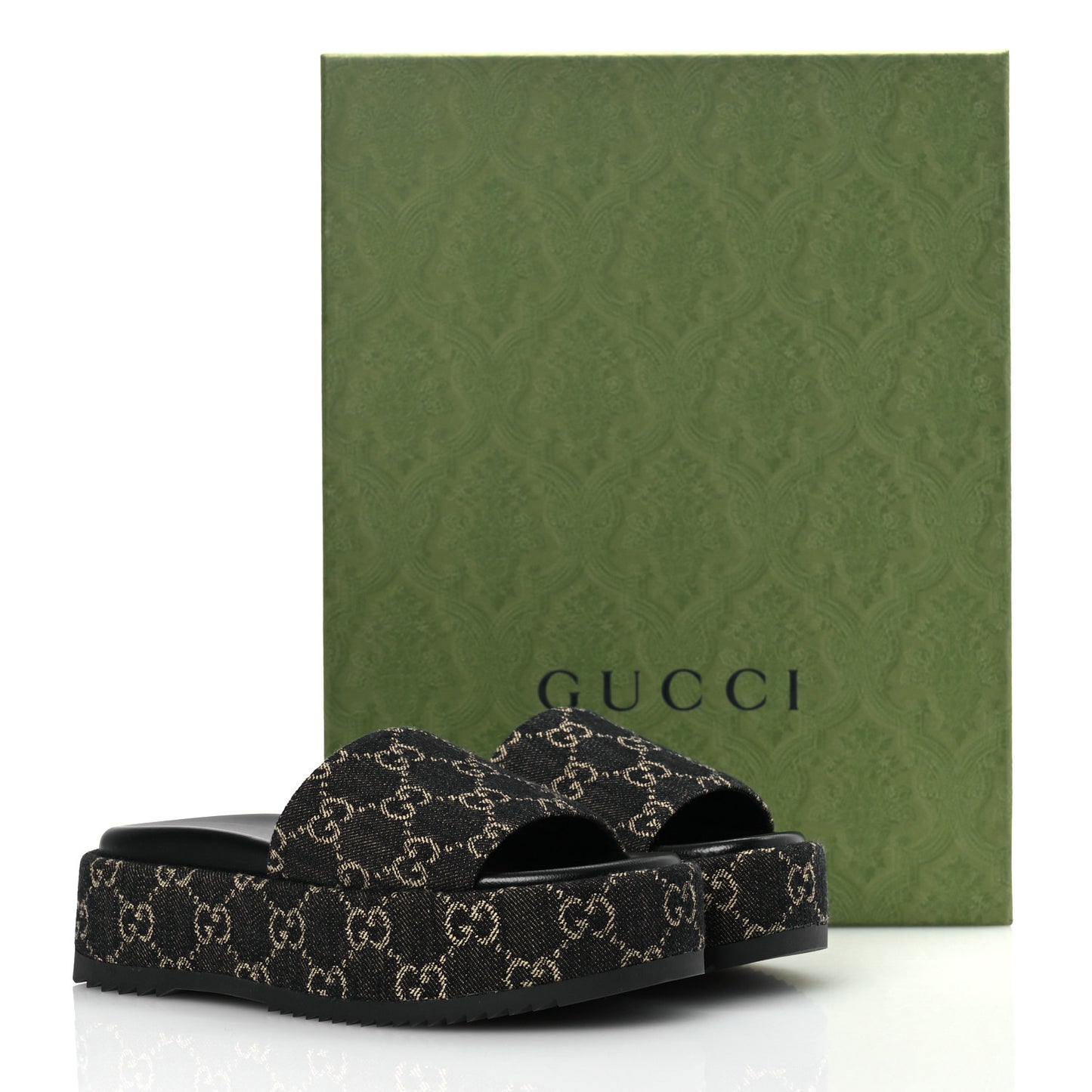 Jacquard Black Denim GG Monogram Angelina Platform 55mm Slide Sandals 35.5 Black Ivory
