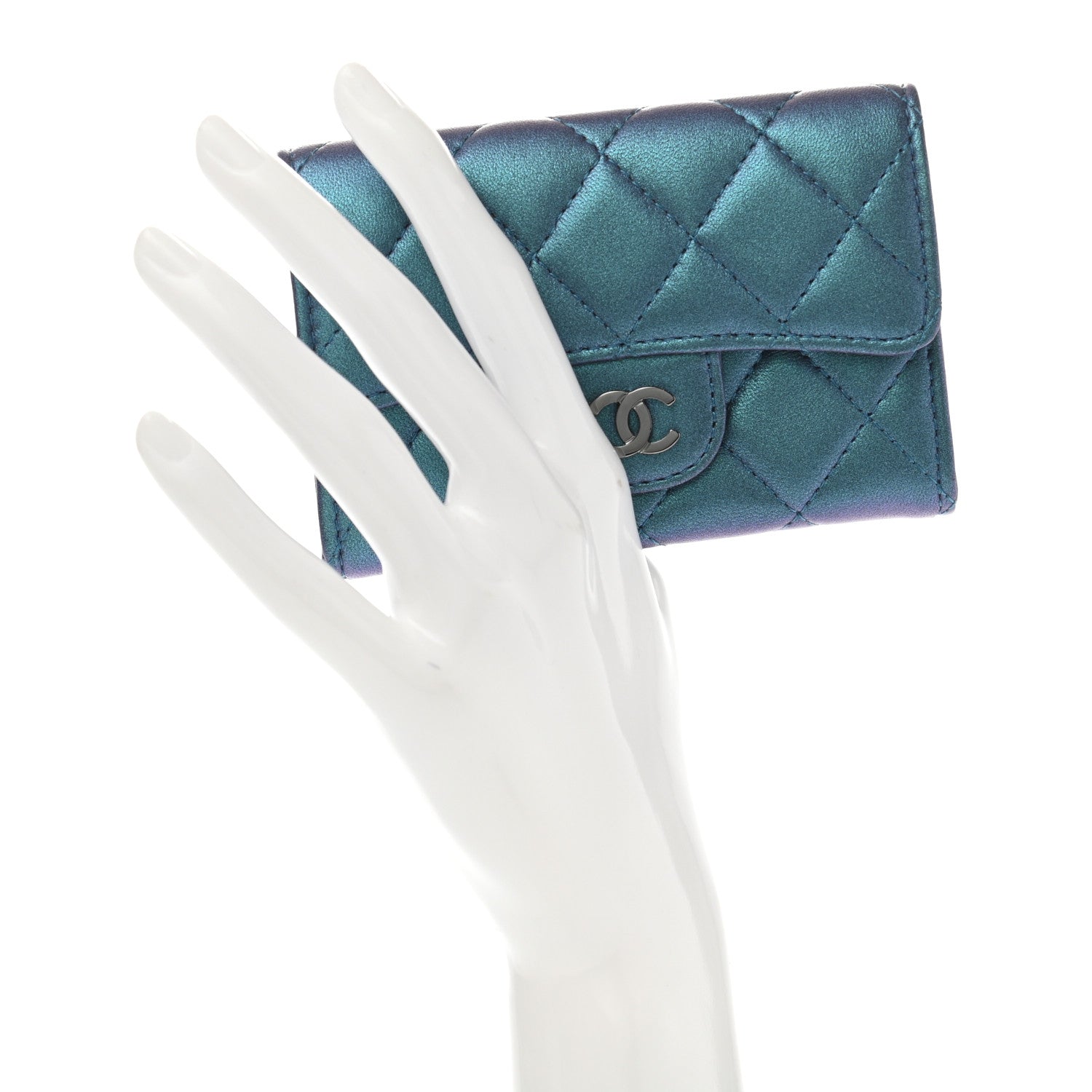 Chanel Iridescent Lambskin Quilted Flap Card Holder Turquoise 2 of 9