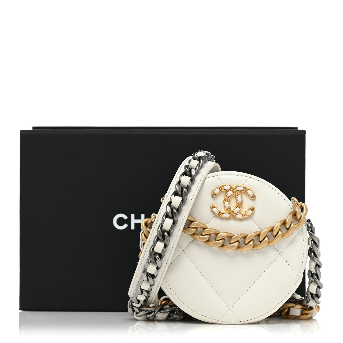 Goatskin Quilted Chanel 19 Round Clutch With Chain White