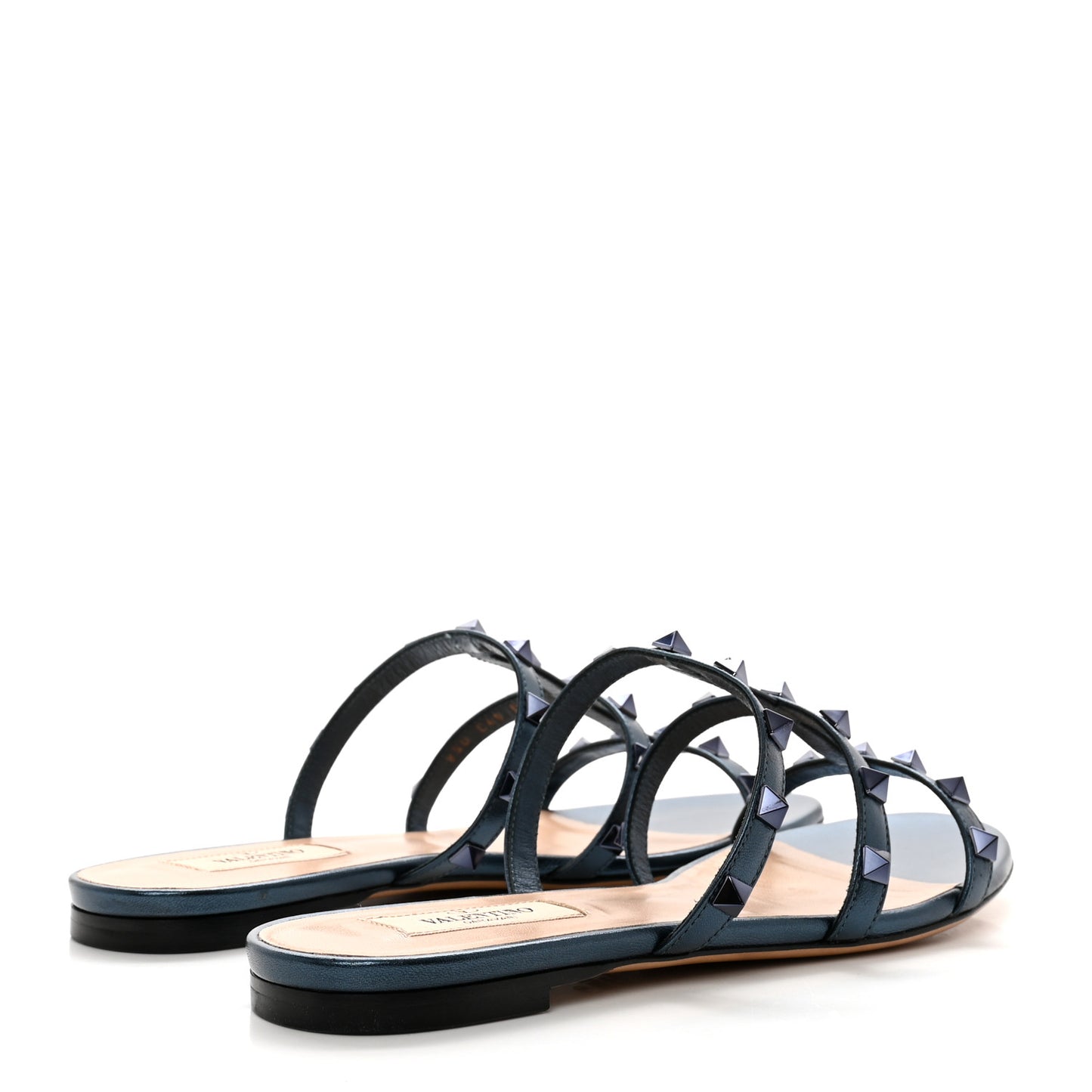 Metallic Calfskin Rockstud Caged Flat Slide Sandals 38 Marine