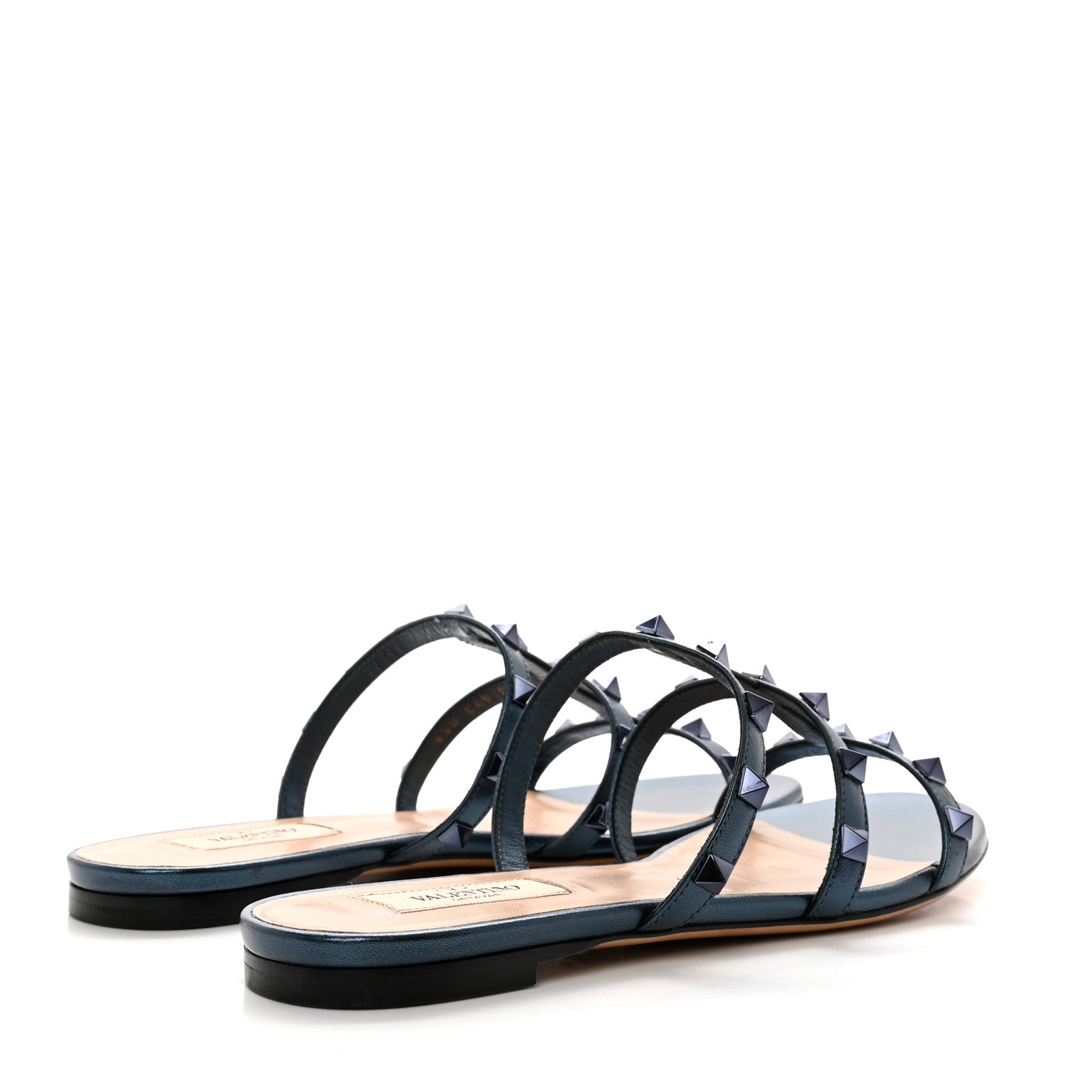 Valentino Garavani Metallic Calfskin Rockstud Caged Flat Slide Sandals 38 Marine 4 of 8