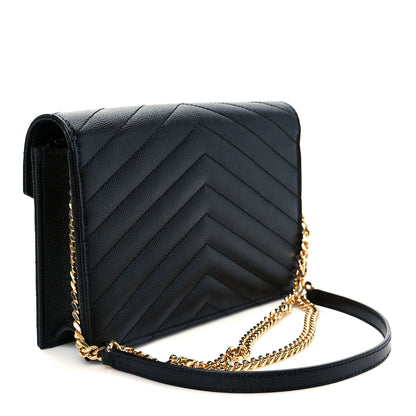 Saint Laurent Grain De Poudre Matelasse Chevron Monogram Envelope Chain Wallet Black 5 of 20