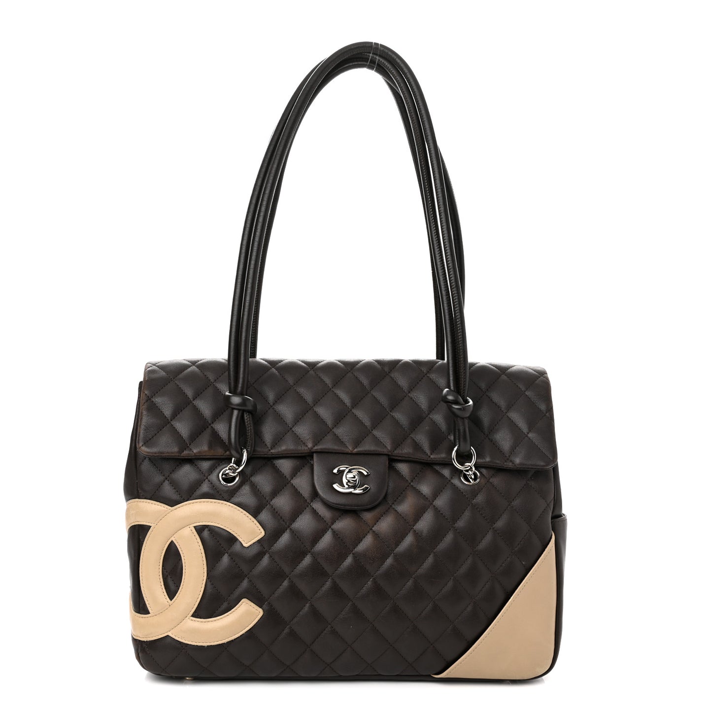 Calfskin Quilted Large Cambon Flap Brown Beige