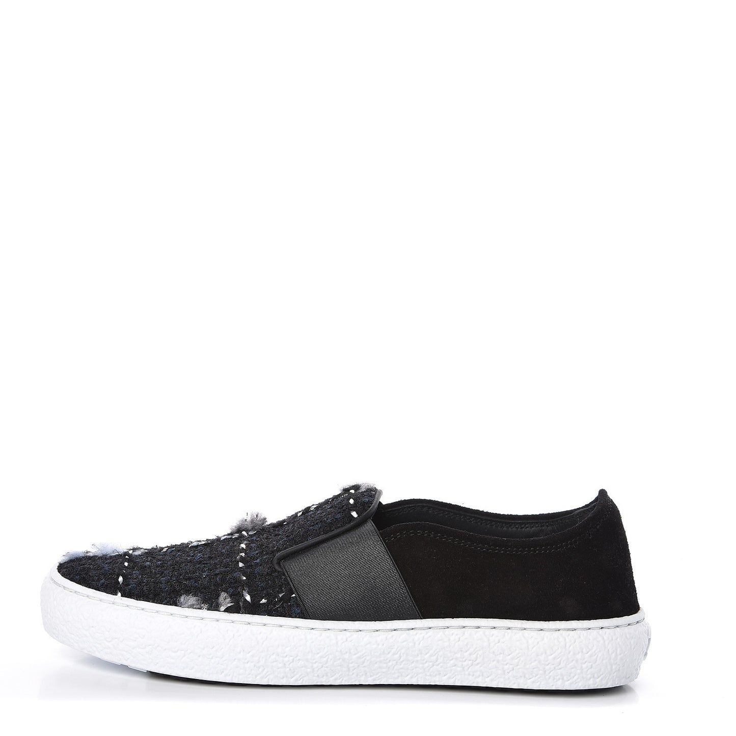 Suede Calfskin Tweed Womens Slip On Sneakers 35 Black Navy Silver