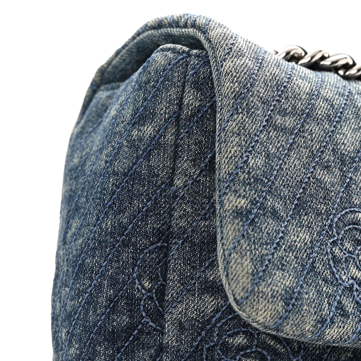 Denim Quilted Camellia Embroidered Large Flap Blue