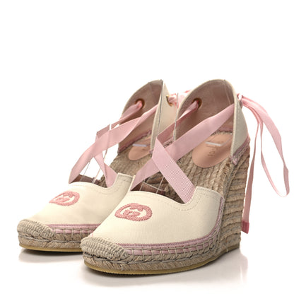 Gucci Canvas Grossgrain Embroidered Judit Ankle Wrap Platform 35/120mm Espadrille Wedges 36.5 White Shell 3 of 8