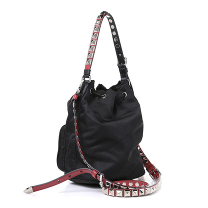 Prada Tessuto Nylon Studded New Vela Mini Bucket Crossbody Bag Black Fuoco 2 of 4