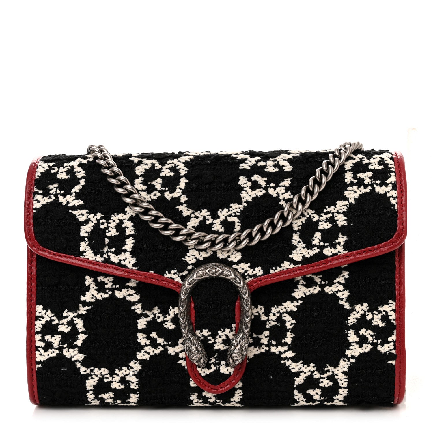 Gucci Tweed GG Monogram Mini Dionysus Chain Wallet Black White Romantic Cherry 1 of 11