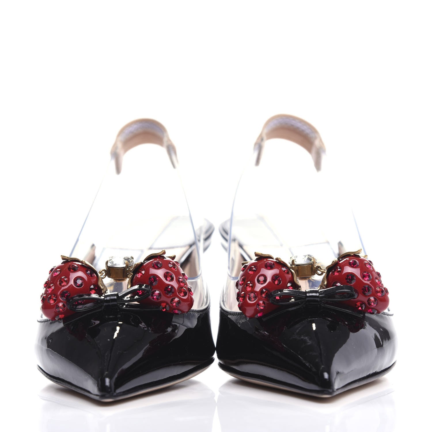 Gucci Patent PVC Bamboo Crystal Strawberry Eleonor Low Heel Slingback Pumps 37 Black 2 of 10