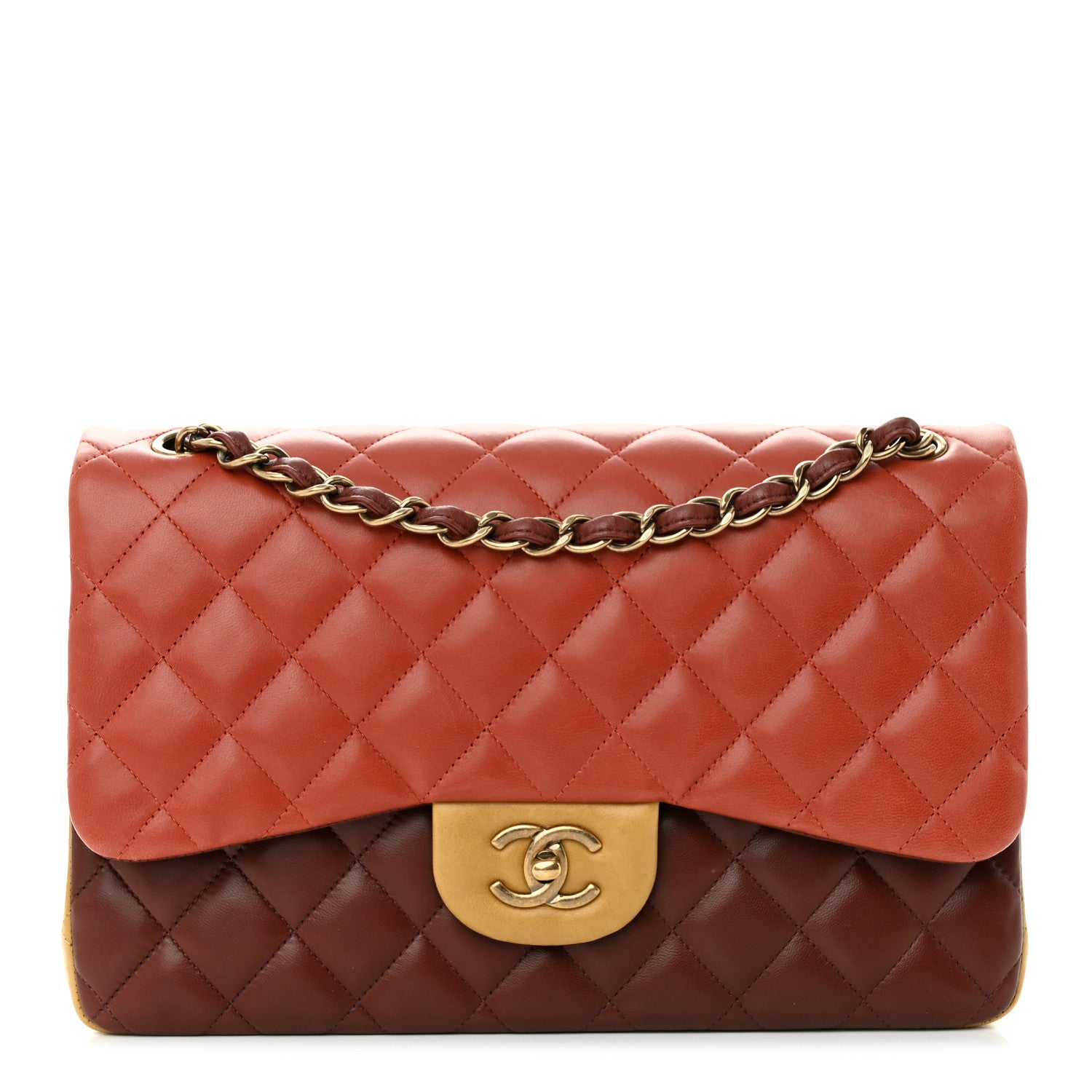 Chanel Lambskin Quilted Tri-Color Jumbo Double Flap Orange Burgundy Yellow 1 of 14