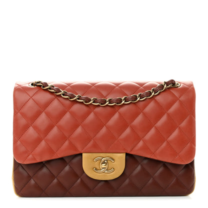 Chanel Lambskin Quilted Tri-Color Jumbo Double Flap Orange Burgundy Yellow 1 of 14