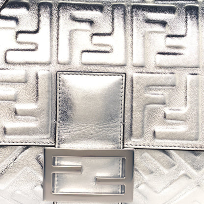 Fendi Vitello Catalan Mirror FF 1974 Embossed Large Baguette Argento 11 of 15