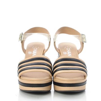 Chanel Lambskin Striped Wedge Sandals 35 Beige Black 2 of 21
