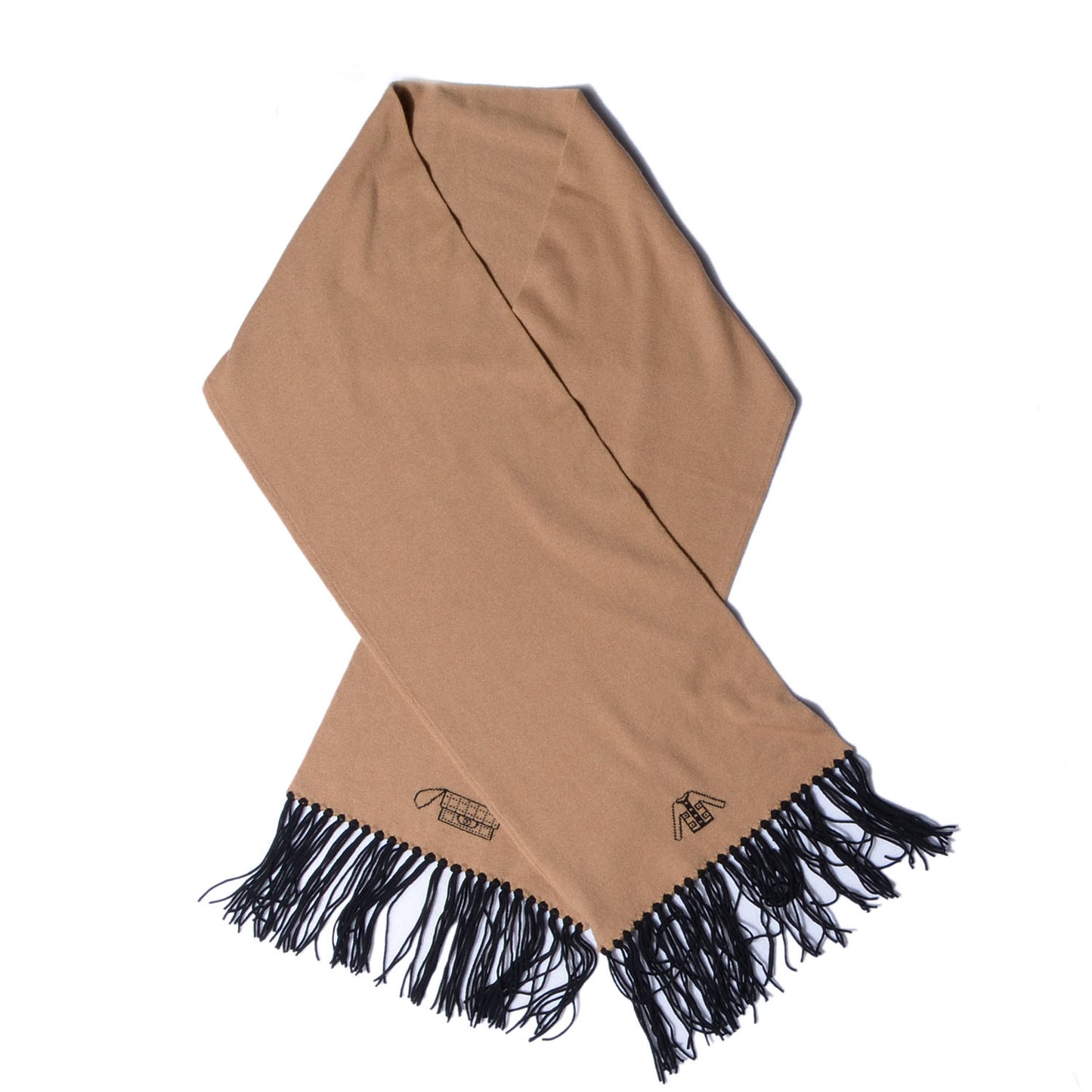 Knit Embroidered Fringe Scarf Beige Black