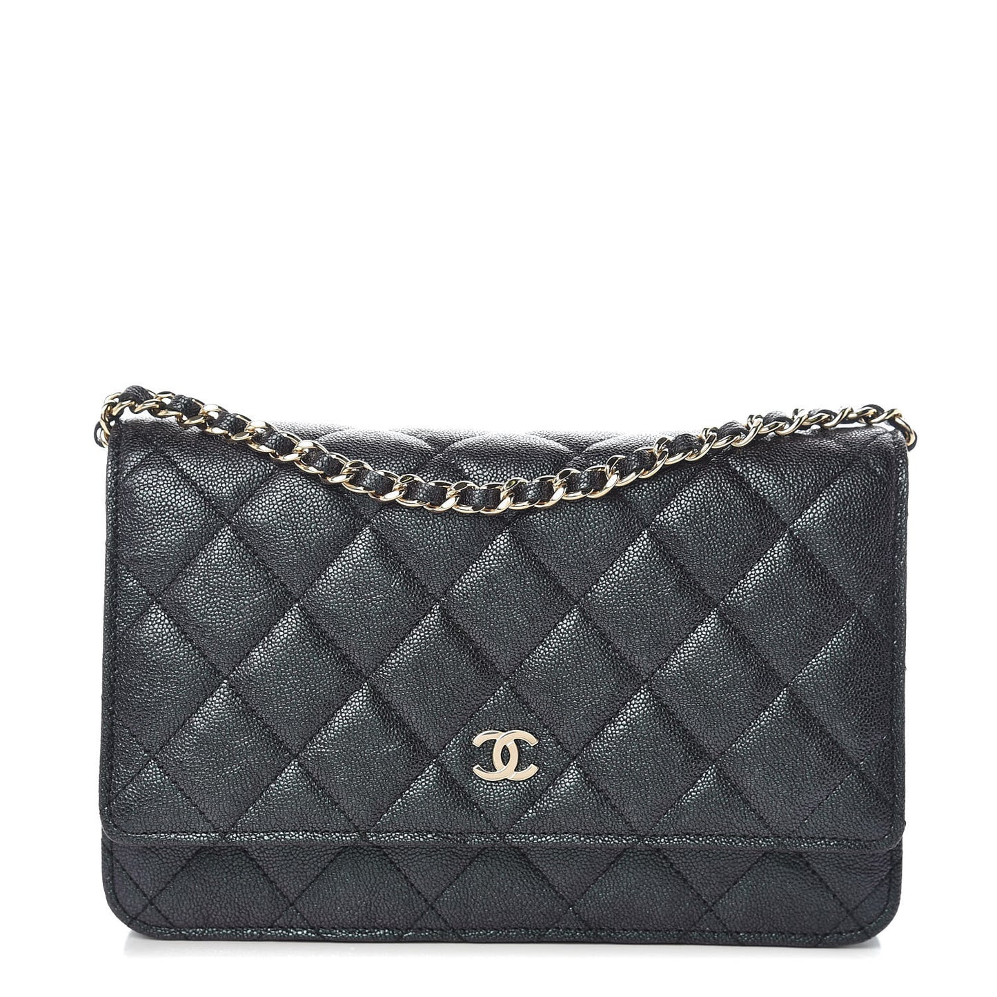 Iridescent Caviar Quilted Wallet On Chain WOC Black